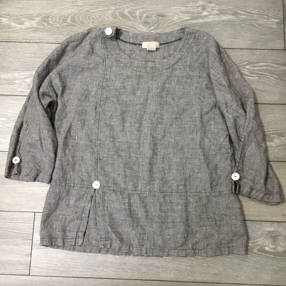 MoSaic Linen MOP Button Houndstooth Long Sleeve Tunic Top Oversize S